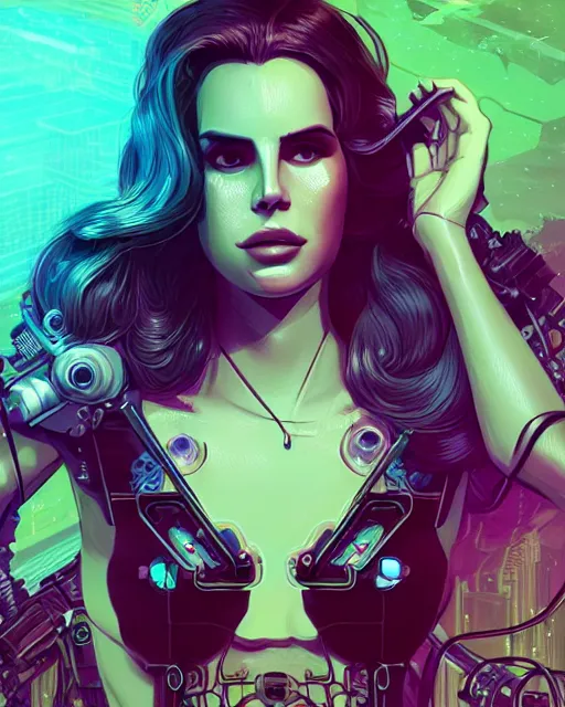 Image similar to portrait of lana del rey as a cyberpunk cyborg. roses, sci - fi, missing panels, intricate abstract upper body intricate artwork, by tooth wu, wlop, beeple, dan mumford. concept art, octane render, deviantart, greg rutkowski, cinematic, key art, hyperrealism, iridescent accents