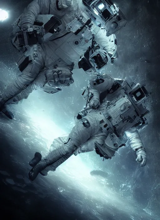 Image similar to complex poster art by craig mullins astronaut in futuristic dark and empty spaceship underwater. infrared glowing lights. complex and hyperdetailed technical suit. reflection and dispersion materials. rays and dispersion of light. volumetric light. 5 0 mm, f / 3 2. noise film photo. flash photography. unreal engine 4, octane render. interstellar movie poster