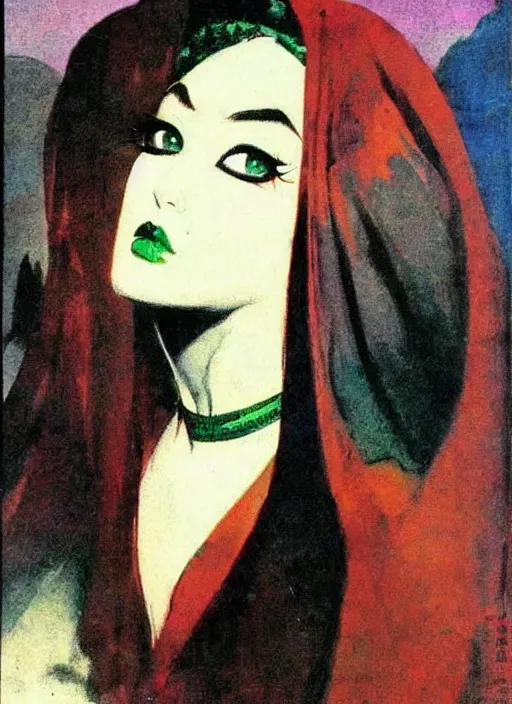 Prompt: svelt iranian korean vampiress, jeweled veil, strong line, saturated color, beautiful! coherent! by frank frazetta, high contrast, minimalism