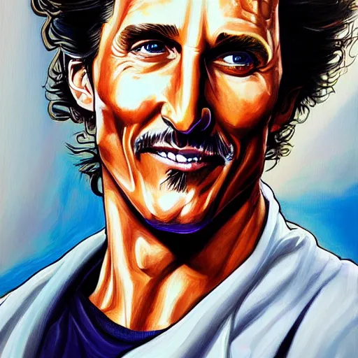 Image similar to detailed painting of Matthew McConaughey as jotaro jojo by Enzo Fernandez, trending on artstation