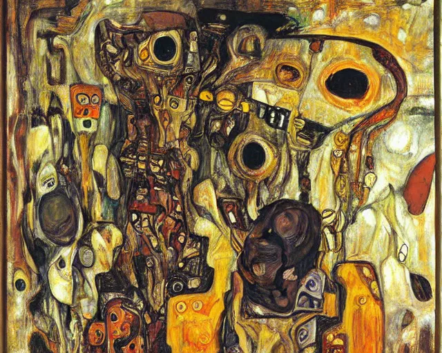 Prompt: a painting of a monsters and robots by graham sutherland, egon schiele, gustav klimt, neo - expressionism