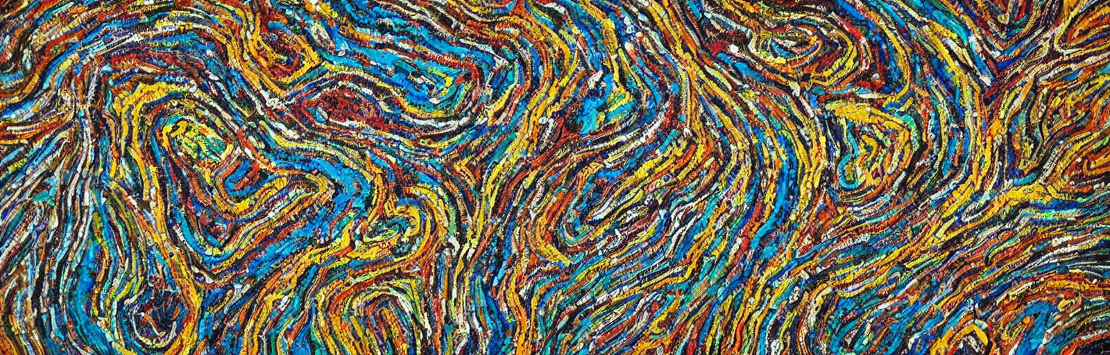 Prompt: An Australian indigenous artwork detailing the rugged terrain of the Snowy Mountains Australia, birds eye view, beautiful, aboriginal art