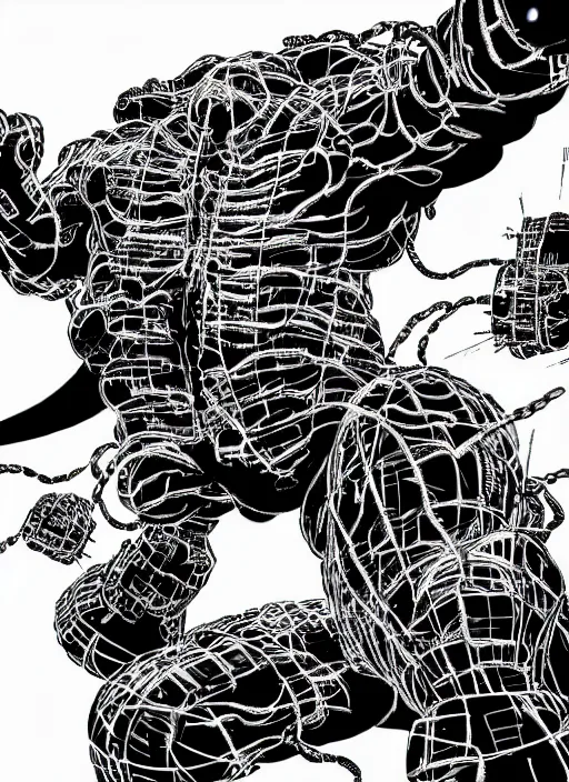 Prompt: black and white hulk with wires screaming in nuclear explosion, by tsutomu nihei, black and white, no color, destroed cybernetic city background