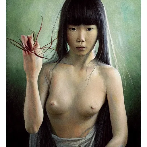 Image similar to a realistic painting by Raffaello Sanzi depicting the Sadako with the head of the symbiotic Pocong in the Renaissance era,smooth,Sharp focus, trending on Artstation.