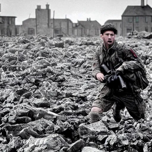 Image similar to Lionel Messi in Saving Private Ryan, cinematic, sharp focus, movie still, atmospheric, 8k,