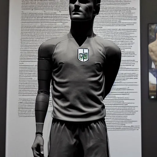 Image similar to “ a realistic detailed photo of a guy who is an attractive humanoid who is half robot and half humanoid, who is a male android, soccer player antoine griezmann, shiny skin, posing like a statue, blank stare, at the museum, on display ”