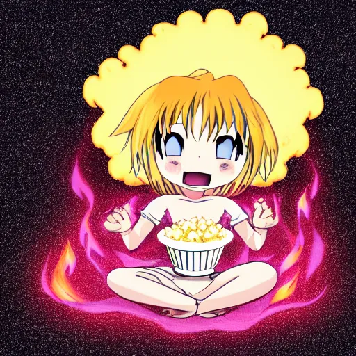 Image similar to anime style character of a piece of fluffy popcorn with a smiling face and flames for hair, sitting on a lotus flower, clean composition, symmetrical