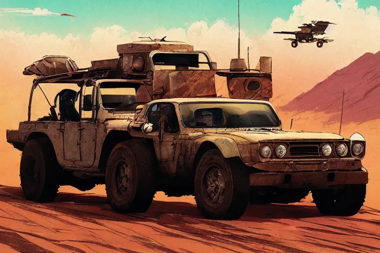 Image similar to digital illustration of mad max's fj 4 0 pursuit special, the last v 8 interceptor driving down a deserted dessert highway in the middle of the day by studio ghibli, anime style, by makoto shinkai, ilya kuvshinov, lois van baarle, rossdraws, basquiat