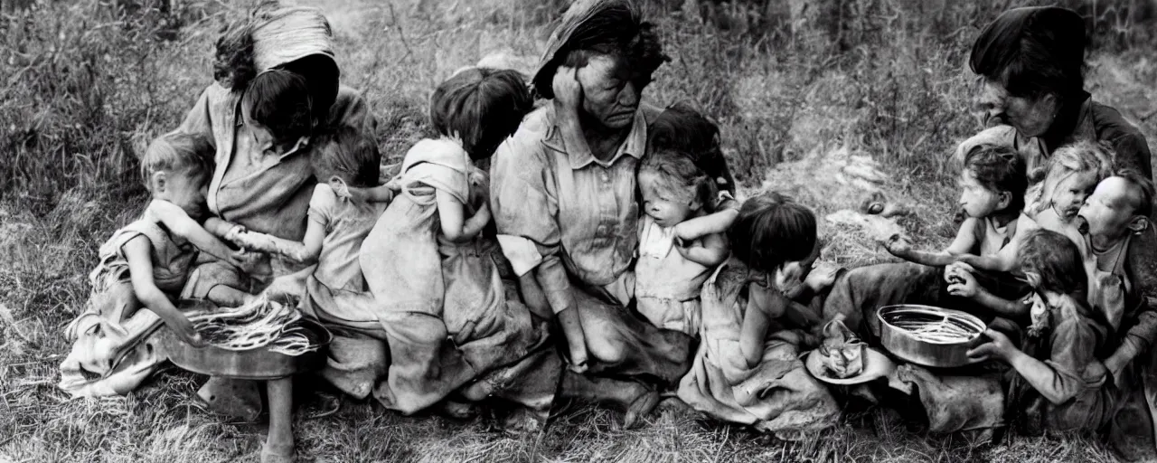Image similar to dorothea lange's photograph of a struggling mother with her children feeding spaghetti in 1 9 3 6, rural, in the style of diane arbus, canon 5 0 mm, kodachrome, retro