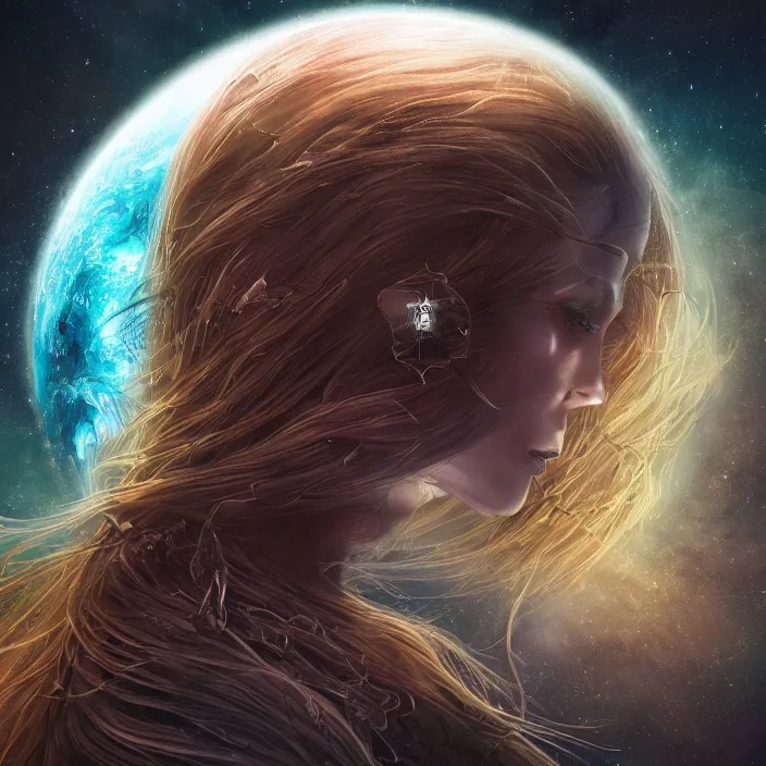 Image similar to beautiful celestial woman with long hair wrapping downward into planet seen for space, hyper-detailed, smooth, sharp focus, depth map, digital painting, apocalyptic art, fantasy dark art, 4k ultra hd, cinematic