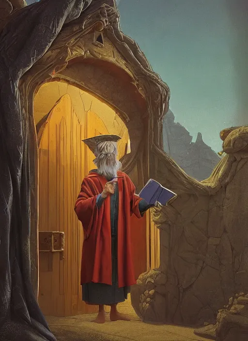 Prompt: an old wizard in robes holding a book standing in front of an elaborate ancient wooden door, beautiful colourful fantasy rendering, Agnolo Bronzino, Simon Stälenhag, ilm, beeple, N.C. Wyeth