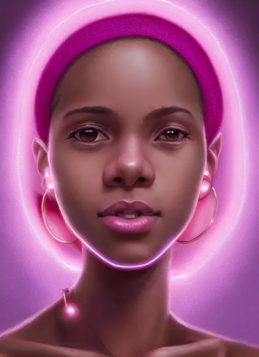 Prompt: portrait of vanessa morgan, black teenage girl, pink hair, wavy pixie haircut, purple newsboy cap, hoop earrings, subtle confident smile, intricate, elegant, glowing lights, highly detailed, digital painting, artstation, concept art, sharp focus, illustration, art by wlop, mars ravelo and greg rutkowski