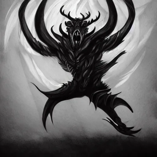 Prompt: full body grayscale drawing by Anato Finnstark of horned demon in dynamic pose, swirling flames