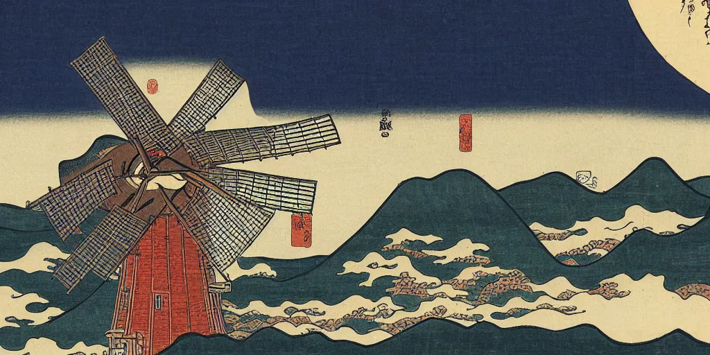Prompt: ukiyo - e woodblock print of a dutch windmill, by hokusai