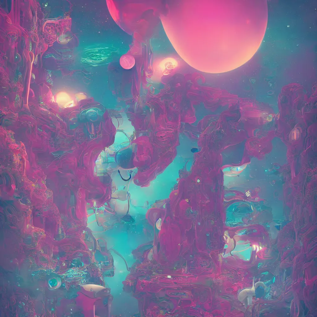 Image similar to a goddess of a world full of life divine thrill of the biological tranquil sky, atoms floating, horror, artwork by beeple and lisa frank, fantasy, intricate, highly detailed, artstation