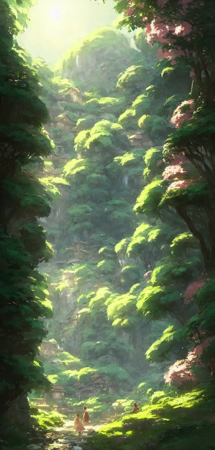 Image similar to village in the woods with a flower garden near a waterfall, gapmoe kuudere moody lighting stunning bokeh highlights sharp contrast | trending pixiv fanbox | by greg rutkowski makoto shinkai takashi takeuchi studio ghibli