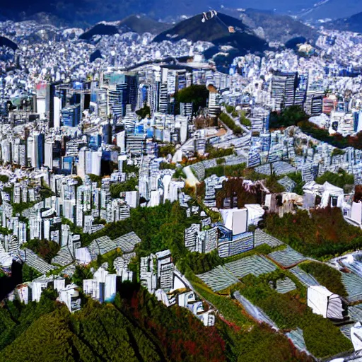 Prompt: isometric city on the top of a mountain, Japan