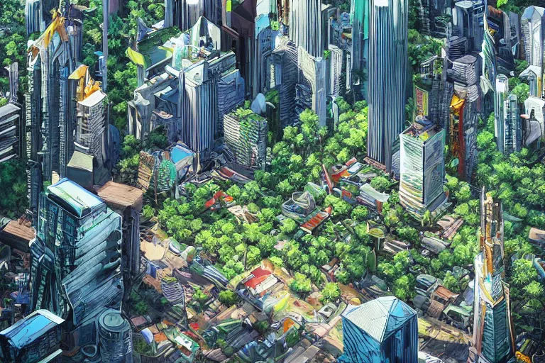 Prompt: birds eye view of a gigantic drift wood monster looming over a bright and lush futuristic city by Makoto Aida