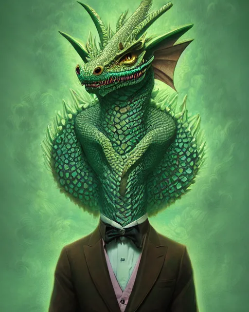 Image similar to anthropomorphic art of a businessman dragon, green dragon, portrait, victorian inspired clothing by artgerm, victo ngai, ryohei hase, artstation. fractal papers, newspaper. stock certificate, highly detailed digital painting, smooth, global illumination, fantasy art by greg rutkowsky, karl spitzweg