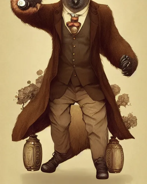 Image similar to anthropomorphic art of a detective bear, victorian inspired clothing by artgerm, victo ngai, ryohei hase, artstation. fractal papersand books. highly detailed digital painting, smooth, global illumination, fantasy art by greg rutkowsky, karl spitzweg