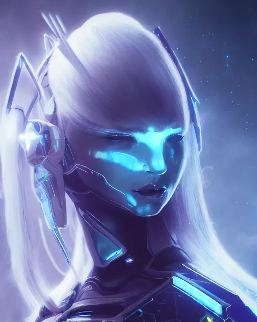 Image similar to perfect android girl on a mothership, warframe armor, beautiful face, scifi, futuristic, galaxy, nebula, raytracing, dreamy, long white hair, blue cyborg eyes, sharp focus, cinematic lighting, highly detailed, artstation, divine, by gauthier leblanc, kazuya takahashi, huifeng huang