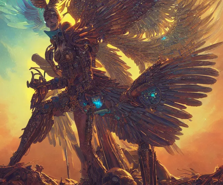 Image similar to a beautiful tarot card artwork of a cyberpunk seraphim in nature, backlit, highly detailed, golden hour, digital painting, by eddie mendoza and greg rutkowski and dan mumford and artgerm, vivid colors, masterpiece, detailed shading, 8 k resolution, intricate, smooth