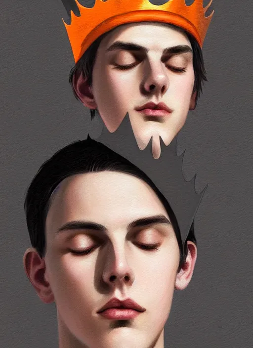 Image similar to portrait of teenage jughead jones wearing a light grey crown, crown, hamburger background, eyes closed, crown, black hair, orange, intricate, elegant, glowing lights, warm lighting, highly detailed, digital painting, artstation, concept art, smooth, sharp focus, illustration, art by wlop, mars ravelo and greg rutkowski