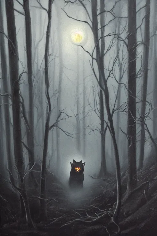 Prompt: dark and spooky woods featuring a menacing werewolf with glowing white eyes. atmospheric, foggy, oil painting on canvas. fairytale