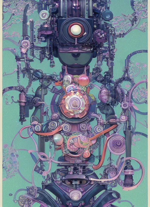 Prompt: an art nouveau kawaii gouache painting, by yoshitaka amano, by Victo Ngai, by shaun tan, by good smile company, detailed anime 3D render of an attractive male modular mechanical android, portrait, cgsociety, artstation, modular art nouveau mechanical costume and headpiece, futuristic setting bokeh depth of field