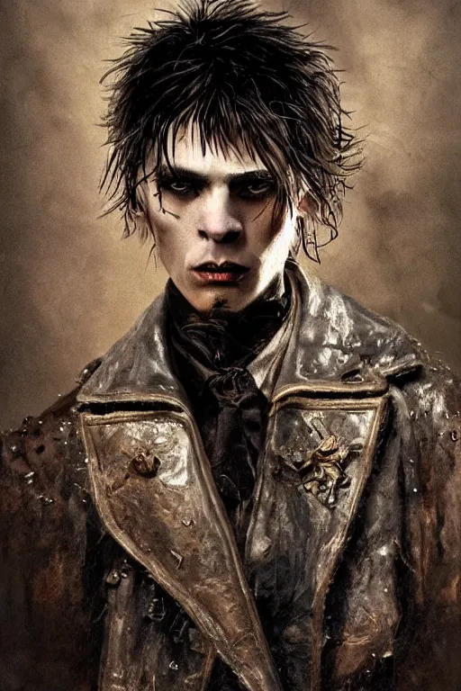 Image similar to a rough ugly young man, very short brown hair, gothic, tattered leather coat, intricate, elegant, dramatic lighting, ugly face, highly detailed, lifelike, photorealistic, digital painting, artstation, illustration, concept art, smooth, sharp focus, art by John Collier and Albert Aublet and Krenz Cushart and Artem Demura and Alphonse Mucha