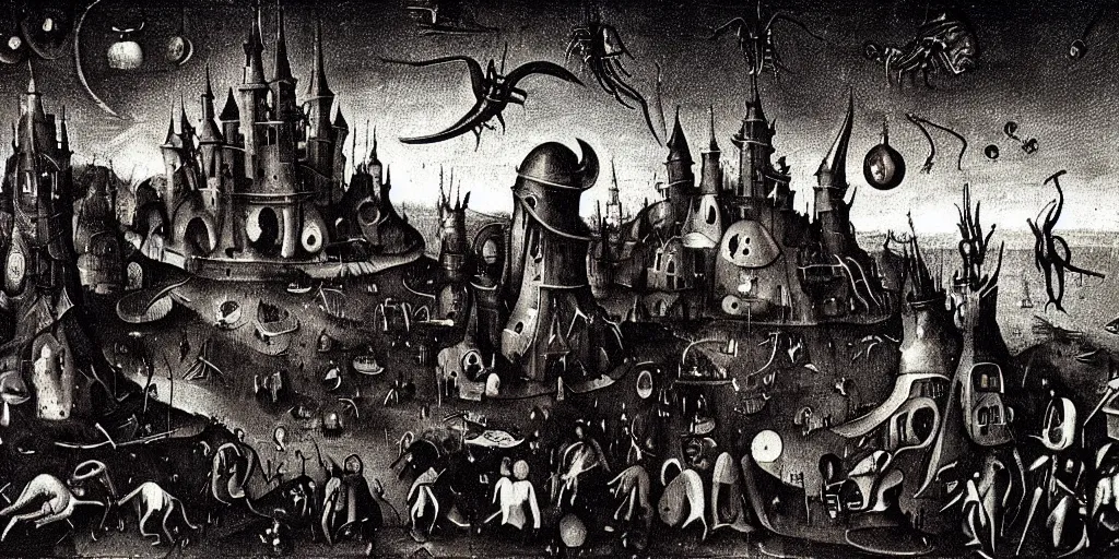 Image similar to aliens in black handing over artifacts to a politician, night scene, inspired by hieronymus bosch, concept art