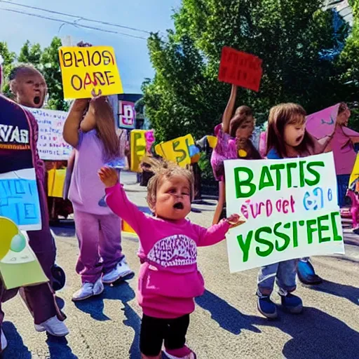 Image similar to babies protesting in front of a daycare center