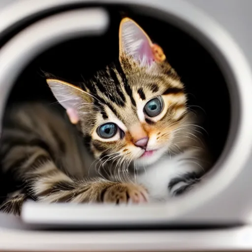 Prompt: a tabby kitten inside a kitchen oven looking at camera
