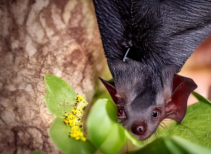 Prompt: super macro of a fruit bat drinking from a flower in the forest. fantasy magic style. highly detailed 8 k. intricate. nikon d 8 5 0 3 0 0 mm. award winning photography.