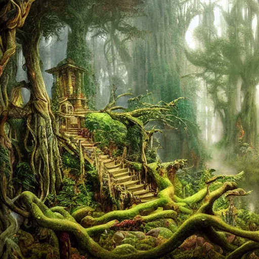 Image similar to a beautiful and highly detailed oil painting of an elven forest temple in the misty mountains, detailed plants and trees and flowers, intricate details, epic scale, insanely complex, 8 k, sharp focus, hyperrealism, fantasy landscape, psychedelic patterns, by caspar friedrich and james gurney,