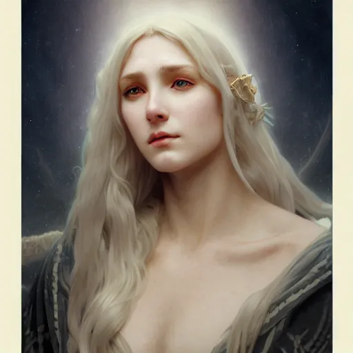 Image similar to portrait of a norse moon goddess, with white skin, intricate, elegant, highly detailed, digital painting, artstation, concept art, smooth, sharp focus, illustration, art by artgerm and greg rutkowski and alphonse mucha and william - adolphe bouguereau