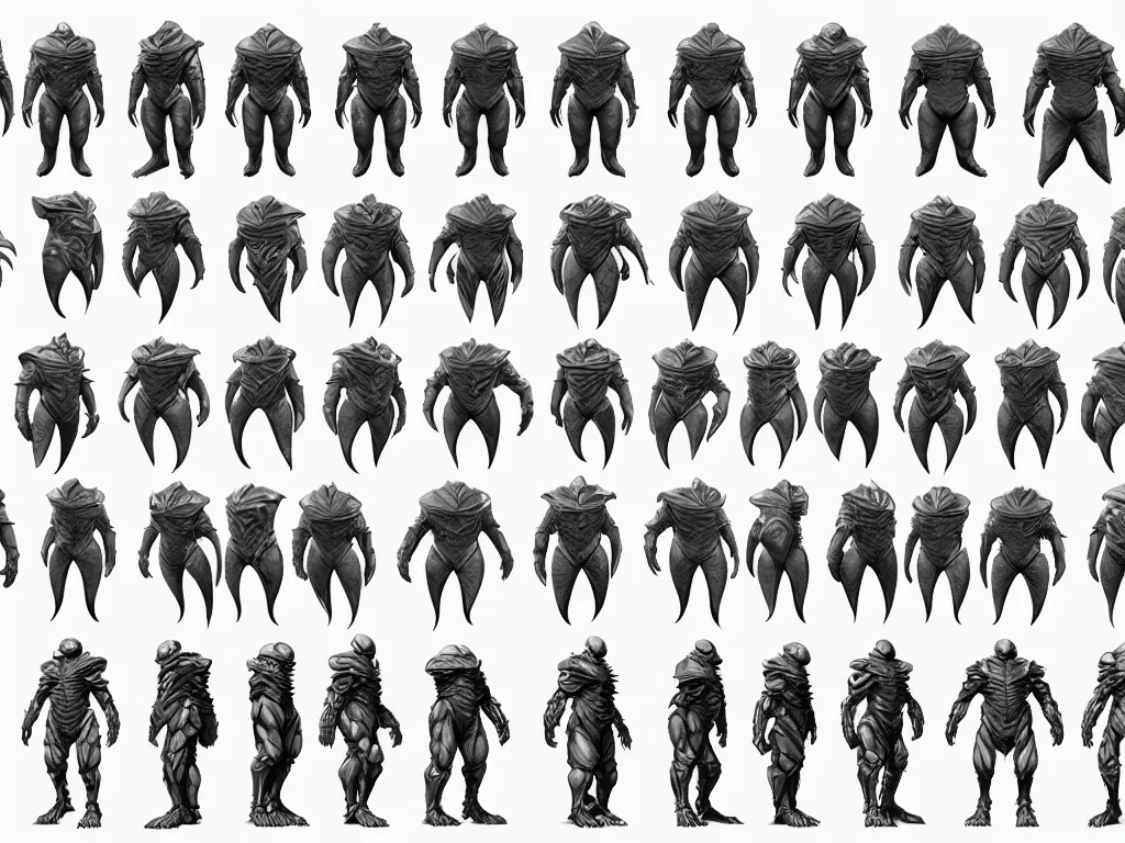 Prompt: game concept art sprite sheet, concept art, muscular, exoskeleton, bat head, turtle skin, hyperrealism, fine detail, artstation, cgsociety, zbrush, no background