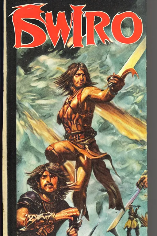 Image similar to 1970s sword and sorcery paperback book cover, clean, sharp focus, UHQ scan, detailed faces, textless