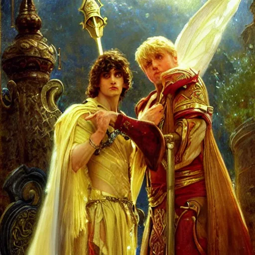 Image similar to handsome arthur pendragon in love with handsome merlin the mage. merlin is also in love with arthur. highly detailed painting by gaston bussiere, craig mullins, j. c. leyendecker