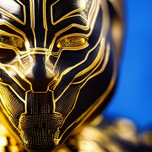 Prompt: a close up photo of a detailed golden statue of Black Panther, 8K,