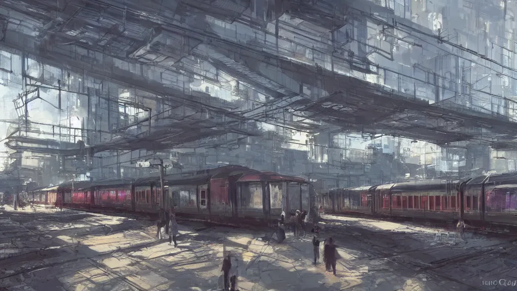 Prompt: A train station that serves trains and cable cars, brutalist architecture, craig mullins style, solarpunk, concept art