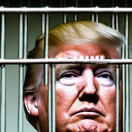 Image similar to a close up shot of donald j trump in prison, award winning photography, steel iron bars'