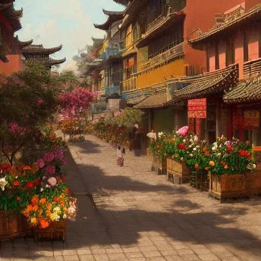 Prompt: a Chinatown full of flowers, digital art, trending on artstation, by Albert Bierstadt