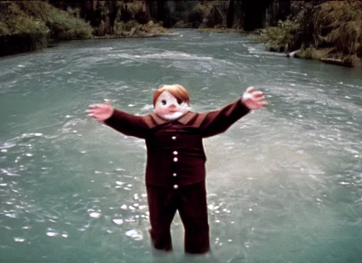 Image similar to grainy security cam footage still of Augustus Gloop in the chocolate river, movie still from Willy Wonka and his Chocolate Factory, extreme wide angle