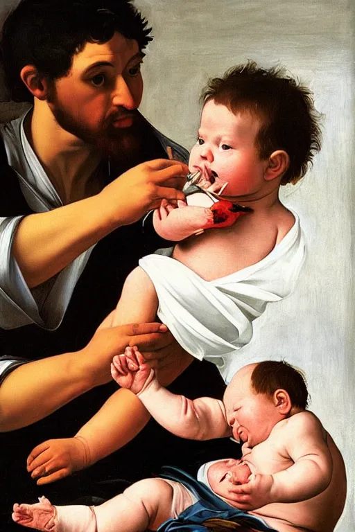 Prompt: hyper realistic oil painting of a handsome man getting a blood transfusion from a baby in the style of caravaggio