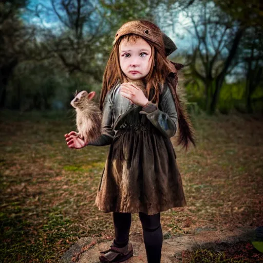 Image similar to little girl, cosplaying as ratcatcher 2, she holds a cute rat, photo taken on a Nikon, 4k