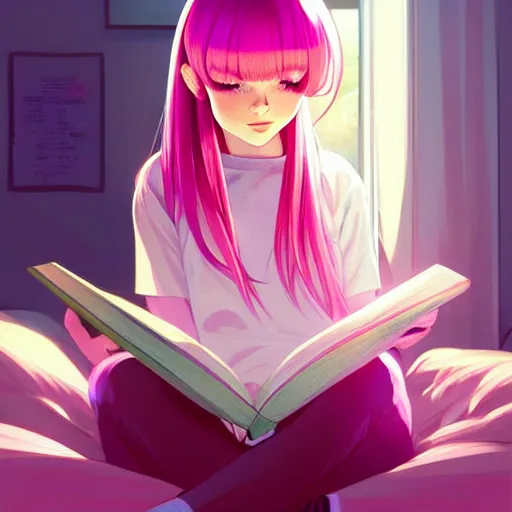 Prompt: beautiful girl with pink hair, reading a book in her room, night time, sharp focus, intricate, digital painting, artstation, official media, anime key visual, highly detailed, rich vivid colors ambient lighting, illustration, art by Artgerm, Makoto Shinkai, Ilya Kuvshinov, Lois Van Baarle and Rossdraws