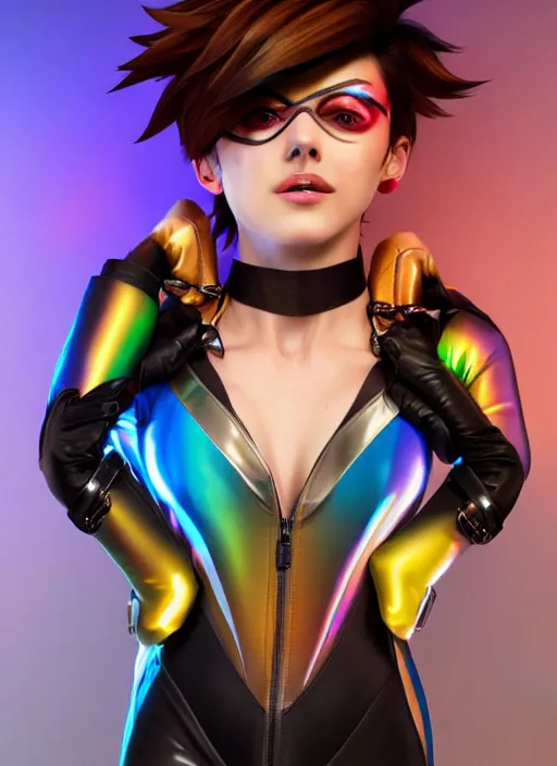 Image similar to portrait bust digital artwork of tracer overwatch, wearing iridescent rainbow latex and leather straps catsuit outfit, 4 k, expressive happy smug expression, makeup, in style of mark arian, angel wings, wearing detailed leather collar, chains, black leather harness, detailed face and eyes,