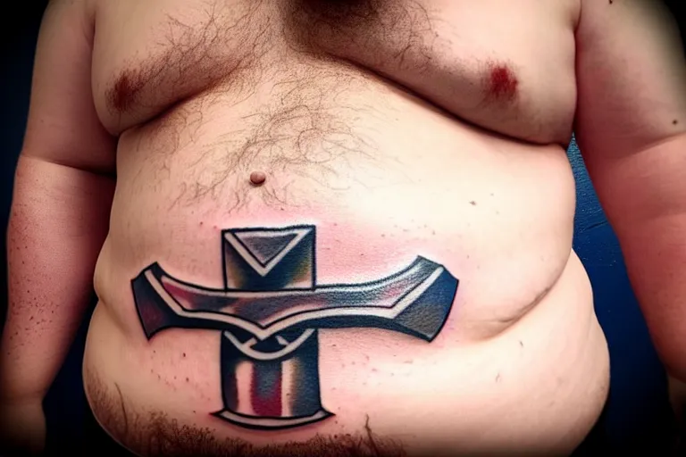 Image similar to ugly amateur tattoo of Mjölnir on a fat man's belly