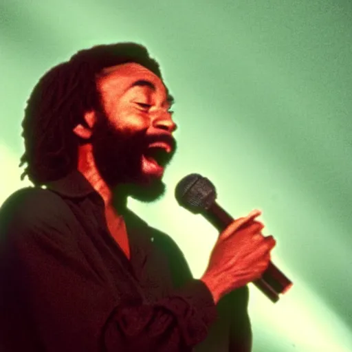 Prompt: ultrarealistic photograph of bobby mcferrin singing alone on stage in the spotlight, 1 9 8 3,